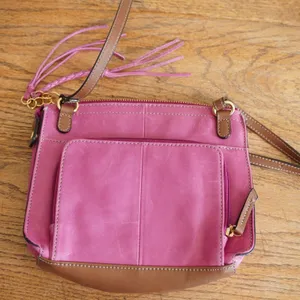 Tignanello Pink Leather Crossbody‎ Bag Organizer Purse Brown Trim Tassel Casual thumbnail 4