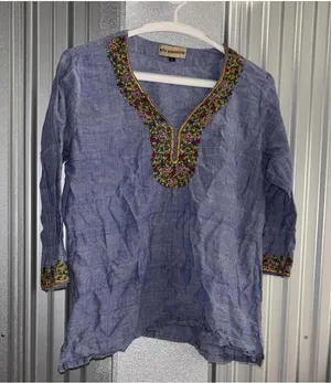 Ritu Agnihotri Indian 100% Cotton Lightweight Chambray Embroidered Blouse Top thumbnail 1
