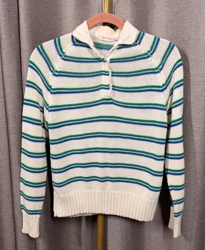 The Italian Mob Striped Knit‎ Sweater White Blue Green Snap Collar Pullover thumbnail 1