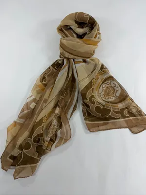 Equestrian Horseshoe Oblong Scarf‎ Taupe Brown Cream Chiffon Sheer Wrap 64x21 thumbnail 1