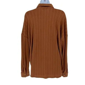 Pink Lilly Womens Knit‎ Herringbone Textured Button Front Blouse Chestnut Medium Brown thumbnail 3