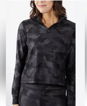Women's Yogalicious black camo print long sleeve 1/4 zip pullover top. thumbnail 1