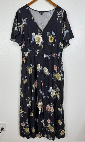 Torrid Floral Button Front Midi Dress Black V-Neck Short Sleeve Pockets Size 1 thumbnail 1