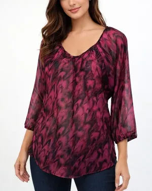 Express feather Blouse top MEDIUM magenta pink 3/4 Sleeve Criss Cross back thumbnail 1