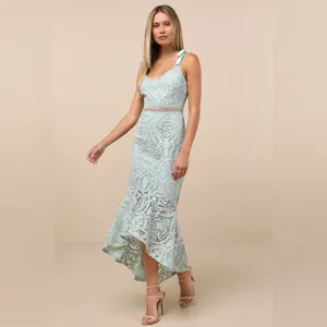 LULU’S Won Your Heart Sage Green Lace Tie-Strap High-Low Midi Dress thumbnail 6
