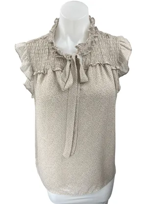Pleione Women's Beige Printed Ruffle Smocked Tie Sleeveless Blouse Top Size M thumbnail 1