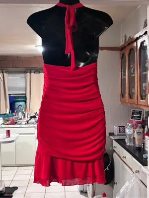 New! Red Halter Ruched Cocktail Dress thumbnail 2