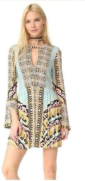 Free People Tegan Border Printed Mini Dress (Sz 8) Multi Color thumbnail 1