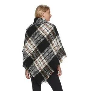 APT.9 London Plaid Toggle Ruana Poncho Cape Wrap Black‎ Brown White Cozy OS thumbnail 9