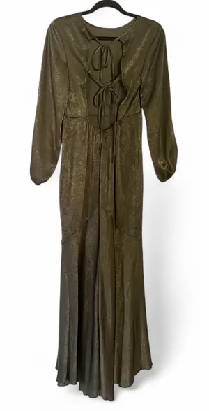 Olive Green Satin-Effect Backless Tie Maxi Dress – Long Sleeve Mermaid Silhouette thumbnail 1