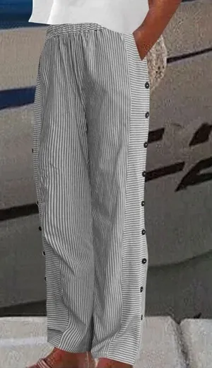 NWT ~ Women's Black Stripe Wide Leg Casual Loose Pockets Pants Trousers ~ LARGE thumbnail 1