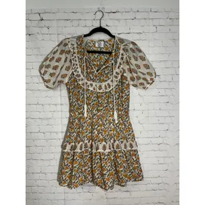 Anthropologie dRA Carmella Mini‎ Dress Floral Cotton Smocked Tiered Yellow White thumbnail 3