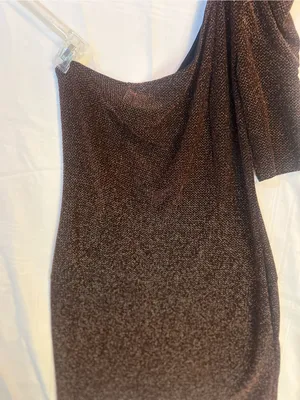Plus size Mystic One-Shoulder Metallic Bronze Brown Mini Dress 2X thumbnail 2
