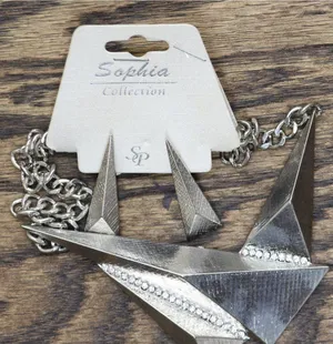 NWT Sophia Collection Angular Metal Necklace Earring Set Silver Gray 18" + 3" thumbnail 1