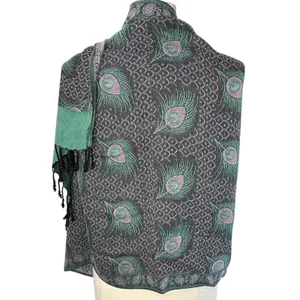 BOHEMIAN Peacock Feathers Print Pashmina, Black Green Pink thumbnail 4