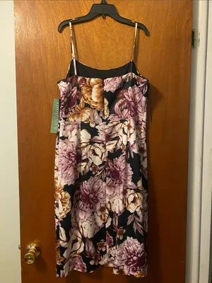 Maia Size 10 Floral Slip Dress in Black with Purple & Gold Blooms thumbnail 2