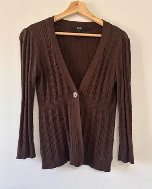 BCBG Chocolate Brown Cable Knit V-Neck Cardigan Medium Quiet Luxury Minimalist thumbnail 1