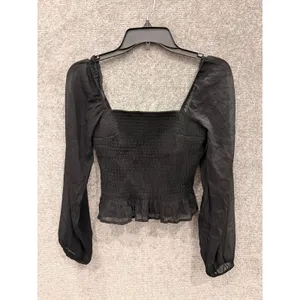 Hollister Womens Top Medium Black Smocked Sheer Long Sleeve Ruffle Hem 340-293 thumbnail 3