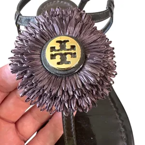 Tory Burch Raffia Flower T-Strap Sandals Espresso Gold Size 7‎ thumbnail 8