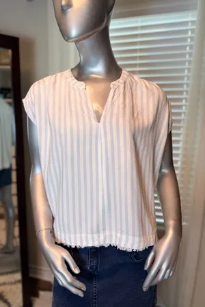 Splendid Linen Blend Striped V-Neck Cap Sleeve Blouse Blue White Medium Coastal thumbnail 1