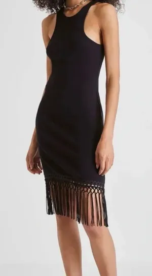 NWOT French Connection Black Ribbed Fringe Hem Midi Dress Size L Boho Swing thumbnail 1