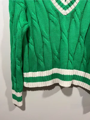 Aerie Green Cable-Knit V-Neck Sweater with Ivory Trim Size Small thumbnail 3
