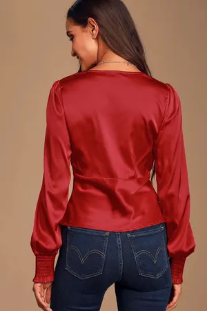 NWT Lulus Head Held High Wine Red Satin Date Party Romantic Top Size Medium thumbnail 3