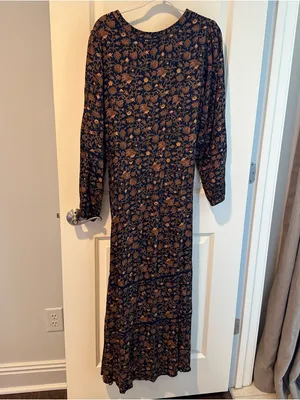 Xirena Charly Midi Dress Floral Long Sleeve Brown & Navy Blue | XL thumbnail 7