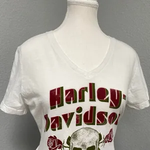 Harley Davidson White Vneck Tee Shirt Skulls Burgundy Red Roses Spellout thumbnail 2