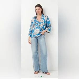 ZARA Blue White Floral Linen Blend Blouse Top NWT XL Oversized Kimono Sleeve thumbnail 7