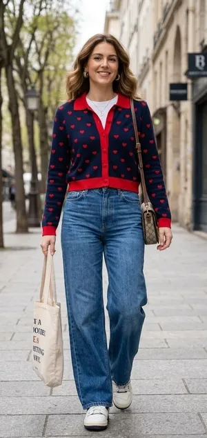Zara Heart Print Cardigan Sweater Women M Navy Blue Red Polo Polka Dots JACQUARD thumbnail 1