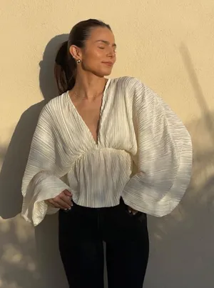 Lulu's Cream Pleated Blouse thumbnail 1