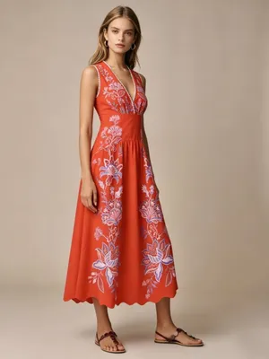 NWOT Farm Rio Porcelain Garden Red Linen Midi Dress Size L thumbnail 2