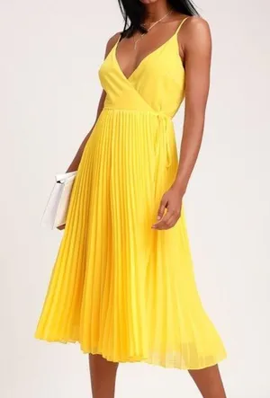 Lulus Yellow Pleated Wrap Dress thumbnail 1