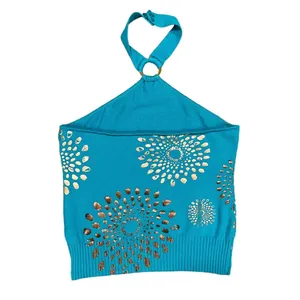 Y2K Halter Top Sz Medium Turquoise Metallic Printed Top thumbnail 2