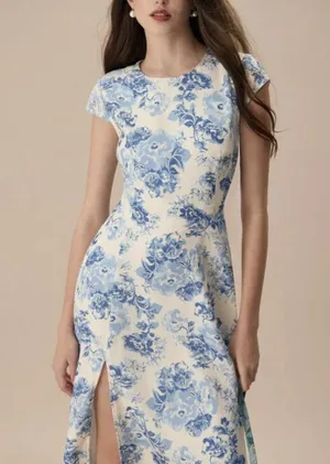 RIHOAS The Blue Round Neck Cap Sleeve Floral Midi Dress thumbnail 2