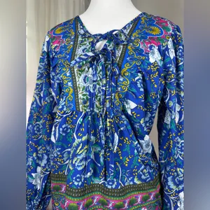 Royal Blue Multicolored Floral Print Double Tie Neck Bishop Sleeve Blouse thumbnail 4