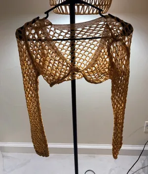 SHEIN Open-Knit Mustard Cropped Shrug thumbnail 1