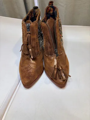Irregular Choice Brown Suede Tassel Ankle Booties with Tweed Panels thumbnail 2