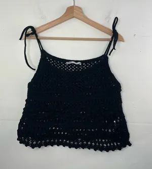 ZARA Black Crochet Knit Tie Strap Crop Tank Top Boho Festival Beach Cover-Up S thumbnail 1
