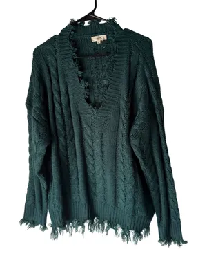 Entro Womens M Green Cable Knit V Neck Distressed Fringe‎ Sweater Boho Western thumbnail 1