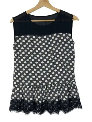 Ann Taylor Navy‎ Blue & White Polka Dot Peplum Tank Top S thumbnail 1