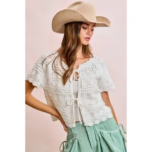 BiBi Front Bow Tie Detail Pointelle Knit Top - Ivory - XL thumbnail 4
