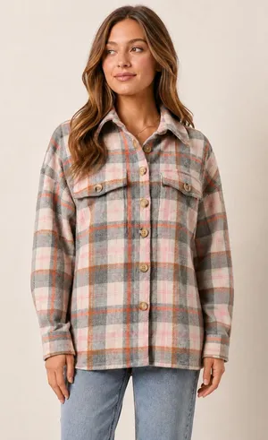Altard‎ State Plaid Shacket Womens Grey Orange Pink Button Shirt Jacket Small thumbnail 1