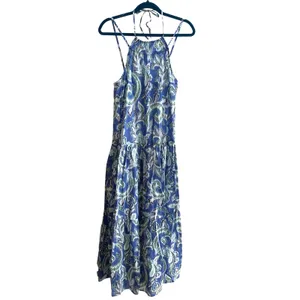Zara Paisley Ikat Halter Midi Dress Womens XS Blue Boho Tiered‎ Cotton Summer thumbnail 4