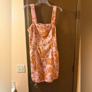 Farm Rio floral lobster print pink & orange linen blend mini dress thumbnail 4