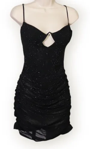Oh Polly Black Rhinestone Mesh Ruched Mini Dress thumbnail 1
