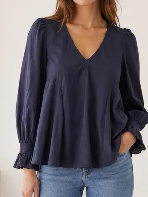 Tuckernuck Easton Poplin Ruffle Sleeve Blouse Navy V-Neck Cotton Top thumbnail 1