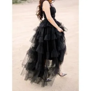 BETSY & ADAM Tiered Ruffle Tulle Gown in Black Size US 4 thumbnail 10