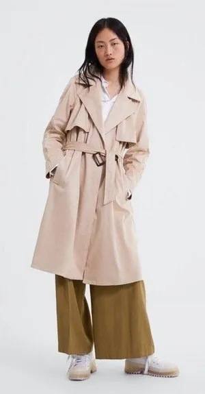 Zara Tan Trench Coat XS Faux Suede Double Breasted Belted Classic Mid Length thumbnail 1